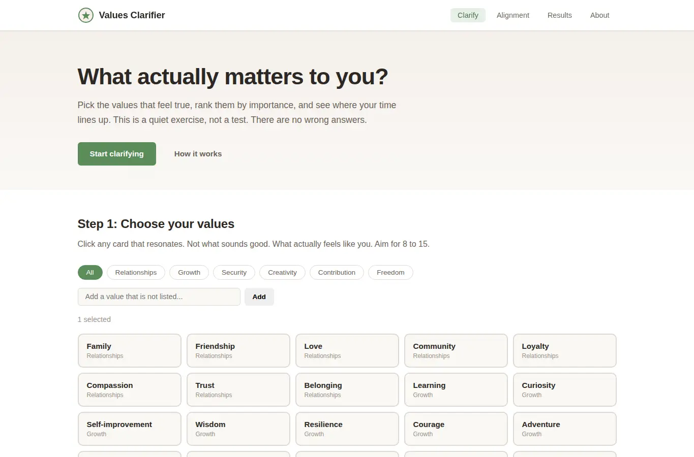 Screenshot of Personal Values Clarifier interface showing the project page in use